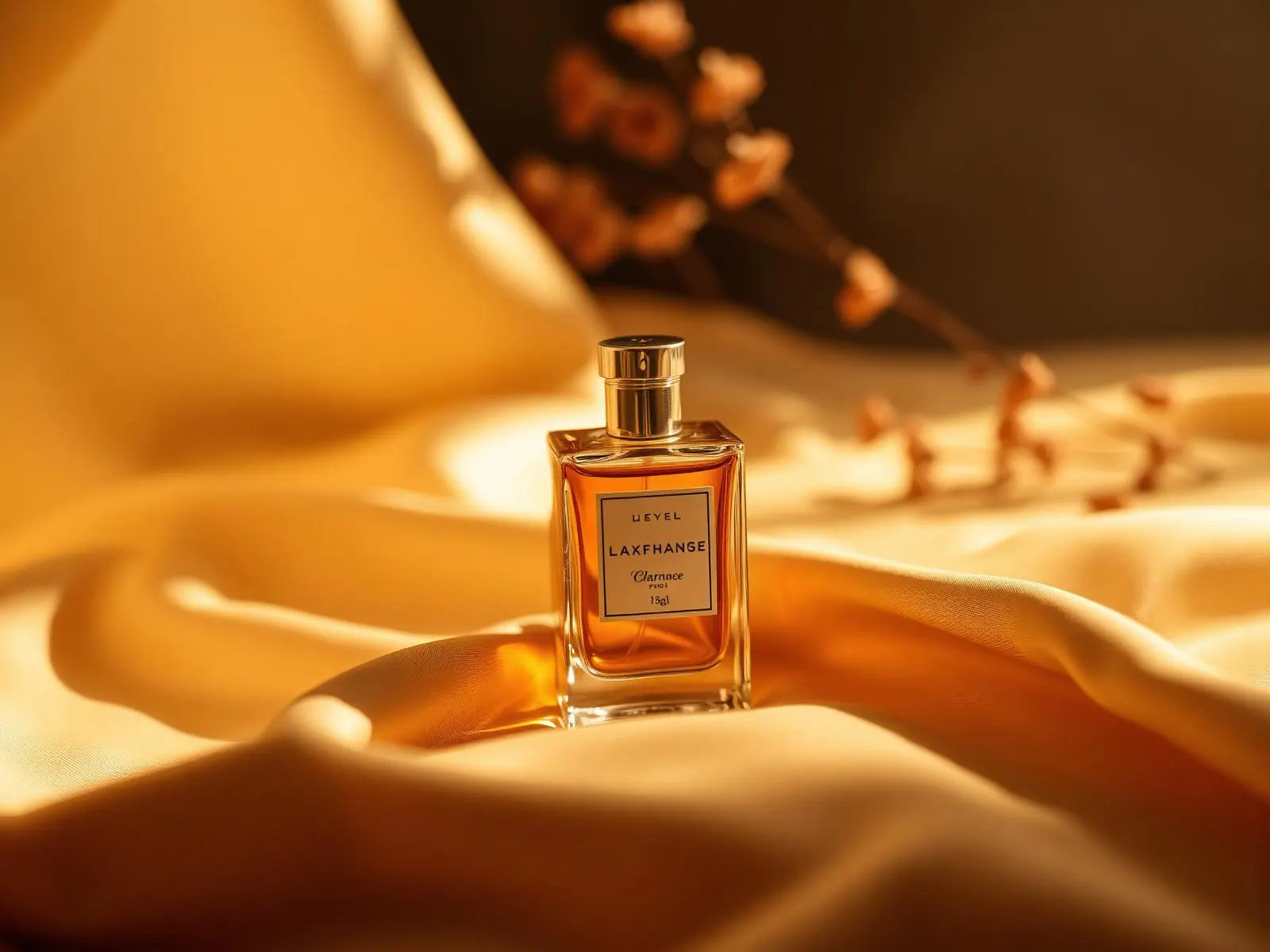 A glass perfume bottle on warm silk in golden light